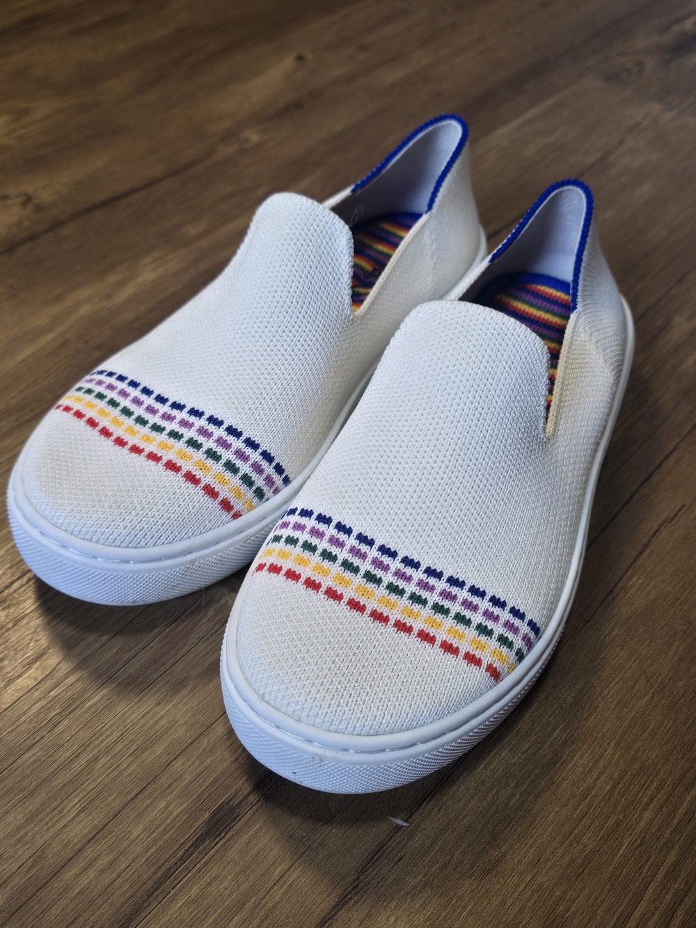 Rothy's Kids White Slip-On Sneakers with Rainbow Accent - Size 2